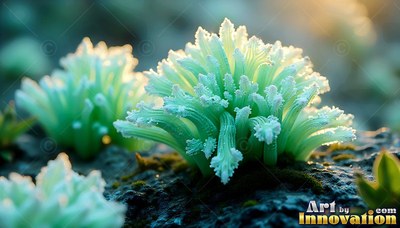 Pale green frosted plants growing on dark ground in sunlight