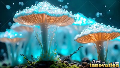 Beaded with icy drops, pale blue mushrooms rise from dark moss in cold light