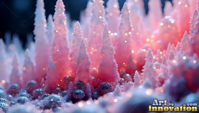 Frosty pink crystal spires rise over round silver beads under soft speckled light