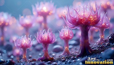 Sprouting upright on dark pebbles, pink anemone-like alien mushrooms