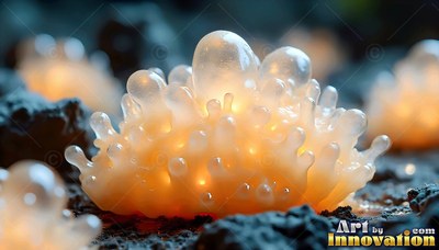On dark soil, a cluster of translucent orange fungus bubbles shines from within