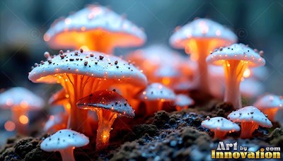 Spreading warm light from within, small white mushrooms grow in dark soil