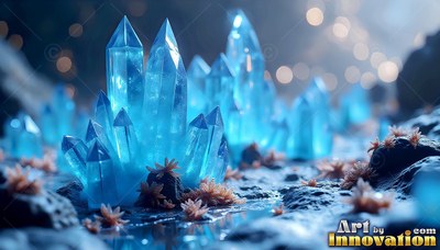 Blue crystal clusters grow on dark ground beside small plants