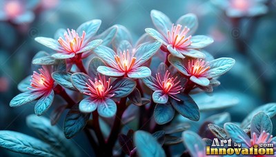 Bright orange centers shine on blue-petaled flowers clustered in dim light