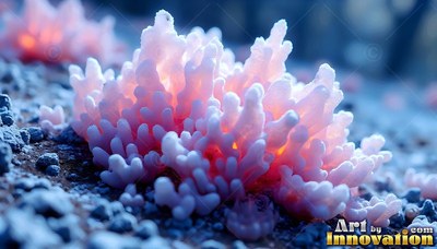Spreading close up across blue ground, a cluster of pink coral fungus lit from within