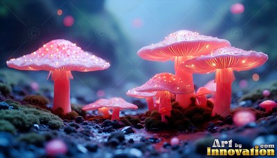 Bright pink mushrooms with lit-up caps sprout on dark mossy ground