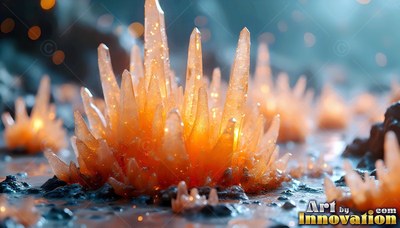 On dark rocky ground, a cluster of pointed orange crystals shines under dim light