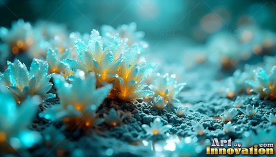 Sprouting from frozen soil, icy blue succulents shine with warm orange centers