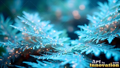 Pale blue fern leaves covered with small warm lights