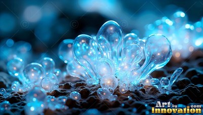 Clear bubble-shaped alien plants light up in pale blue over dark spongy ground