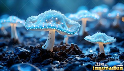 White mushrooms sprout from dark soil with bright blue specks along their caps
