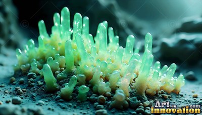 Standing upright on rocky ground, green crystal sprouts cluster together