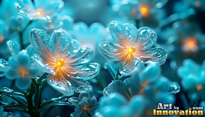 Wet glass flowers bloom in pale blue with bright yellow centers
