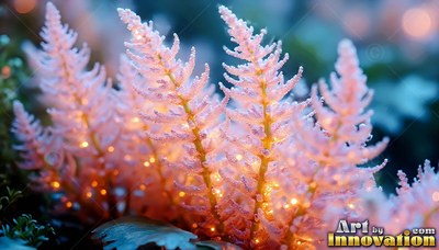 In a dim garden, frosty pink ferns shine with warm little lights along their stems