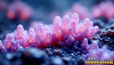 Sprouting from dark gravel, small pink fungal stalks shine with golden specks
