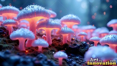 Mushrooms with pink stems and white caps in dark soil