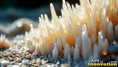 Pointed pale crystal spikes cluster together across a dark sandy ground