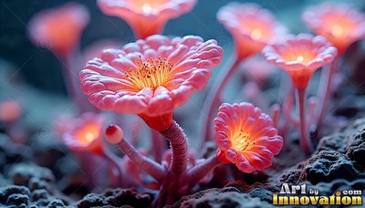 Pink flowers open on thin stalks with warm yellow light shining from their centers