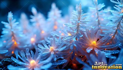Tilted close up on blue frosted plants shining with warm yellow light in a dark forest