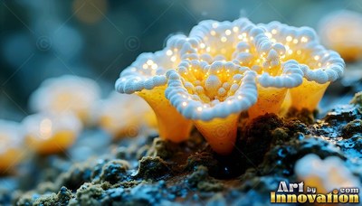A cluster of yellow trumpet mushrooms shines with bright white dots on dark soil