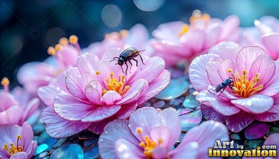 On shiny pink flowers, two small dark beetles crawl over delicate petals