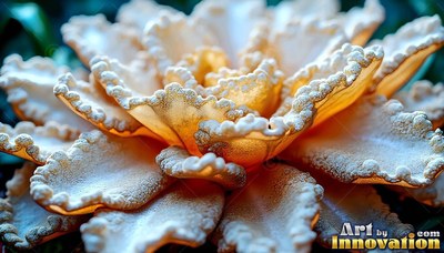 Spreading in soft light, a pale flower has thick ruffled petals tipped in gold