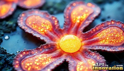 Close-up of a red flower with bright yellow dots