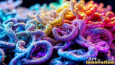 Curled tentacles twist together under bright rainbow-colored sparkles