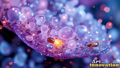 Standing on a purple leaf, a tiny insect rests near round bubbles