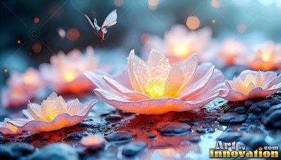 On wet dark stones, pink lotus flowers shine beneath a tiny moth