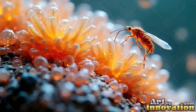 Hovering over rounded orange fungi, a tiny winged insect reaches downward with long legs