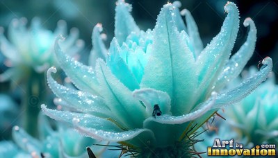 A pale blue flower covered in tiny frost crystals