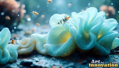 Ruffled pale blue petals of an alien fungus rest on dark ground under tiny flying bugs