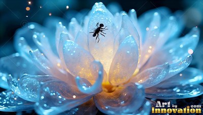 A small ant crawls inside a glass lotus flower lit with warm yellow light