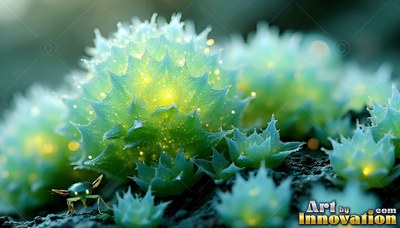 Facing forward on dark ground, a tiny bug sits near green spiky plants