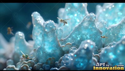 Tiny flying bugs hover above rounded blue crystal spires in soft light