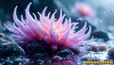 Spreading across dark wet stones, a bright pink sea anemone shines softly