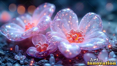 Pink glass flowers with orange centers on the ground