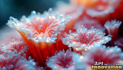 Frosted white edges rim orange trumpet flowers clustered in cool blue light