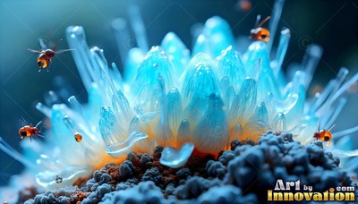 A blue crystal plant opens up with tiny orange insects flying around it in soft light