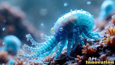 Crawling in profile on a dark seabed, a small blue creature with many striped arms