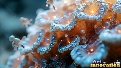 Tiny ruffled mushrooms with bright lit centers grow in a dense bunch close together