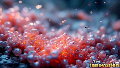 On a dark blue surface, small pink bubbles cluster together in warm light