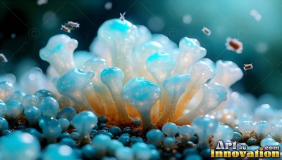 White and blue fungus stalks with round tips in soft light