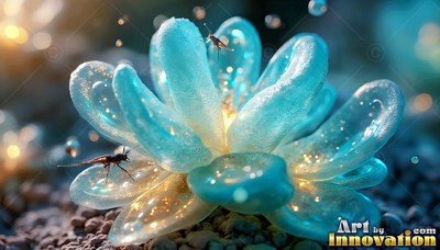 Thick rounded blue petals form a glass-like succulent on pebbled ground with tiny bugs