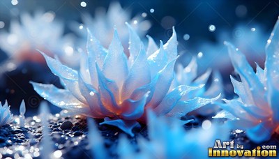 A frosted blue flower opens its pointed petals under soft, warm light from within