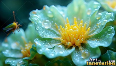 Perched beside wet green flowers, a tiny winged bug rests in soft light