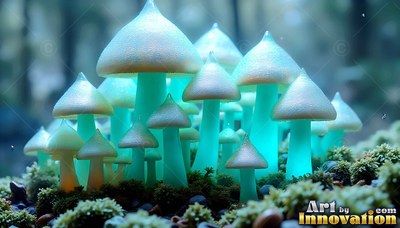 A cluster of pale mushrooms with bright turquoise stems sprouts from green moss