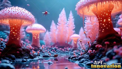 In a dim forest by a stream, pink lighted mushrooms stand on dark rocks
