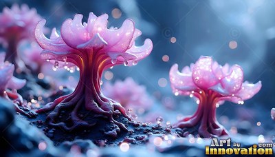 Sprouting from dark ground, pink tree-like mushrooms open under soft lights